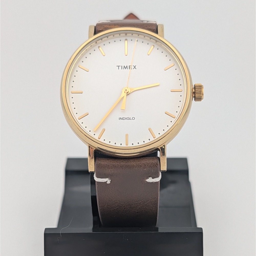 Timex Fairfield Quartz Watch 37mm Indiglo White Dial Gold Tone Brown Strap